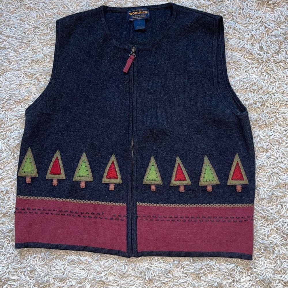 Woolrich Knit Charcoal Gray  Full Zip Vest With Pine Trees Size M